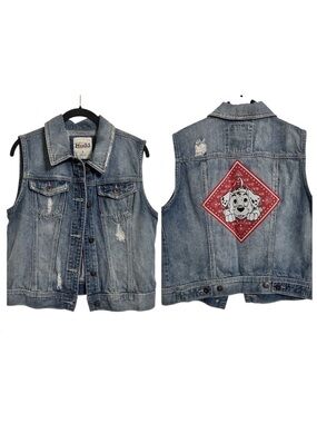 Mudd Distressed Denim Vest Jrs Size L 101 Dalmatians Red Bandana Patch Pockets